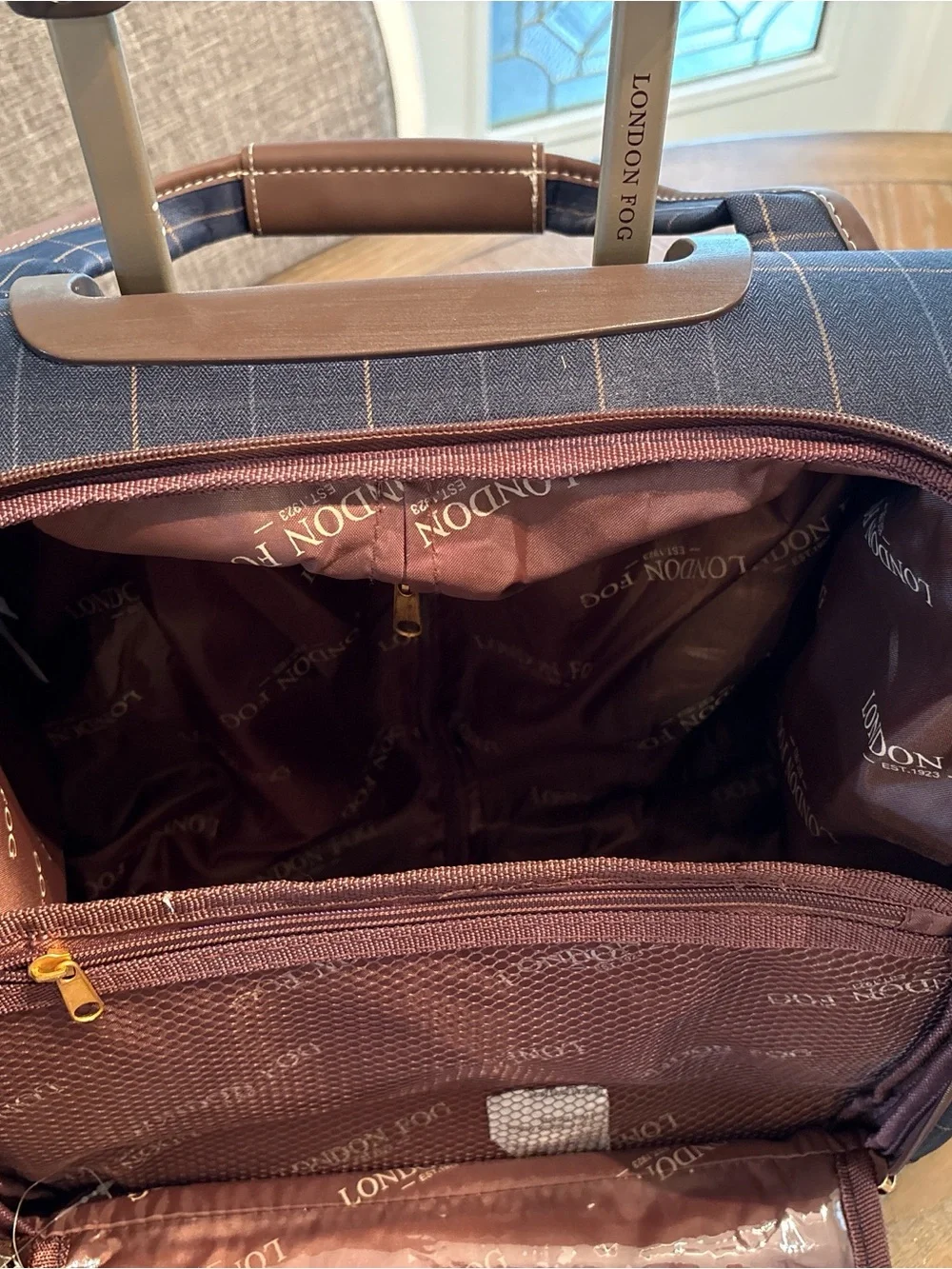 London Fog Navy Plaid Rolling Carry-On Brief